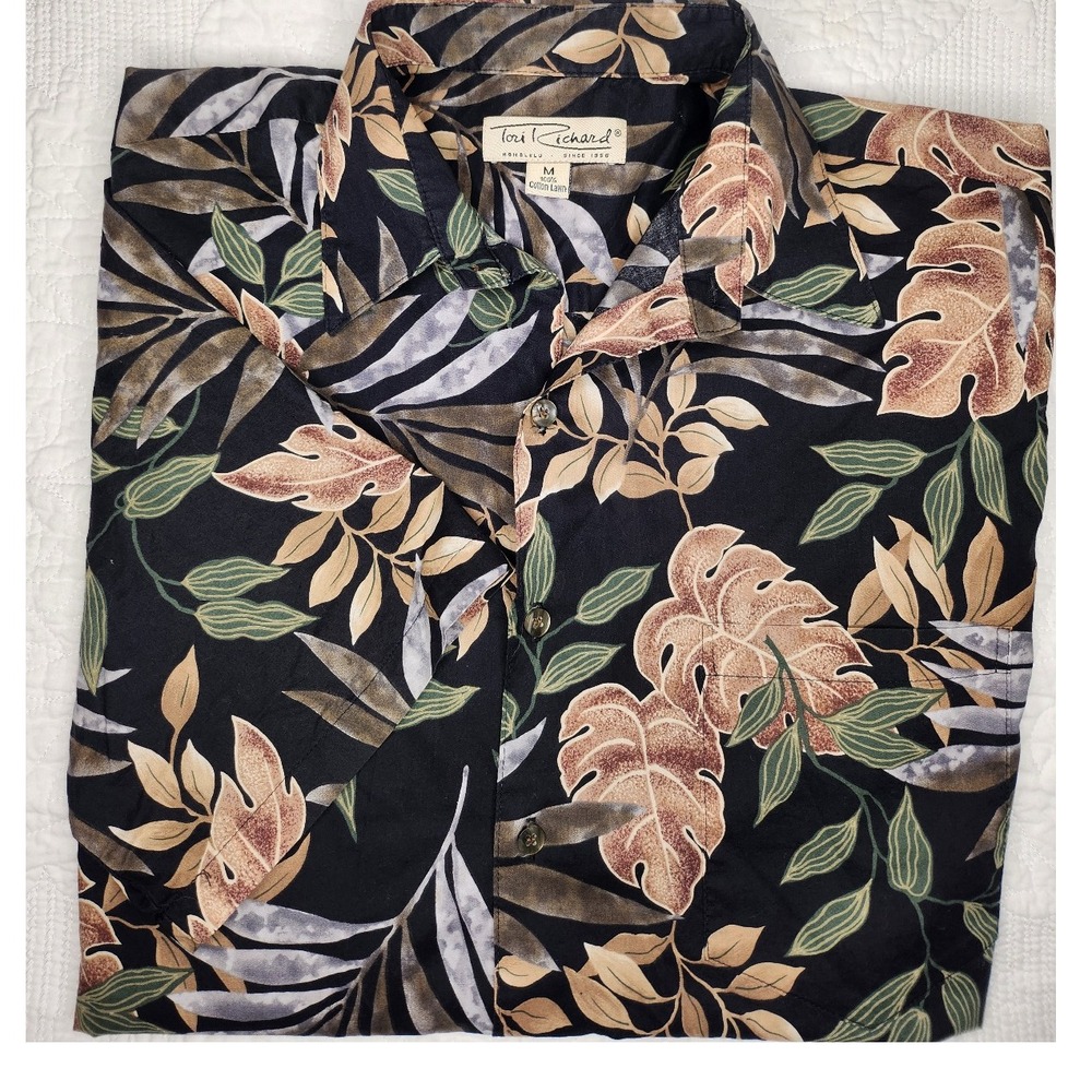 Tori Richard Mens Med Honolulu Aloha 100% Cotton Lawn Hawaiian Palm Leaf Shirt - Picture 7 of 8